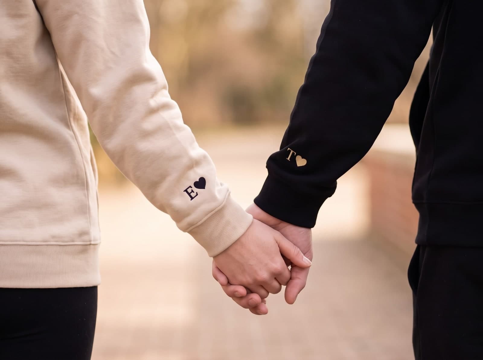 Pár se drží za ruce — na rukávech vyšitá písmena E a T se srdíčkem — CoupleWear